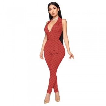 Zoctuo 2020 Summer Autumn Rompers Womens Jumpsuit Plaid Sexy Halter Temperament commute Middle Waist Tight with Belt Jumpsuit